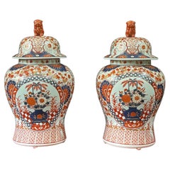 Pair of Antique Imari Ginger Jars W Foo Dog Lids