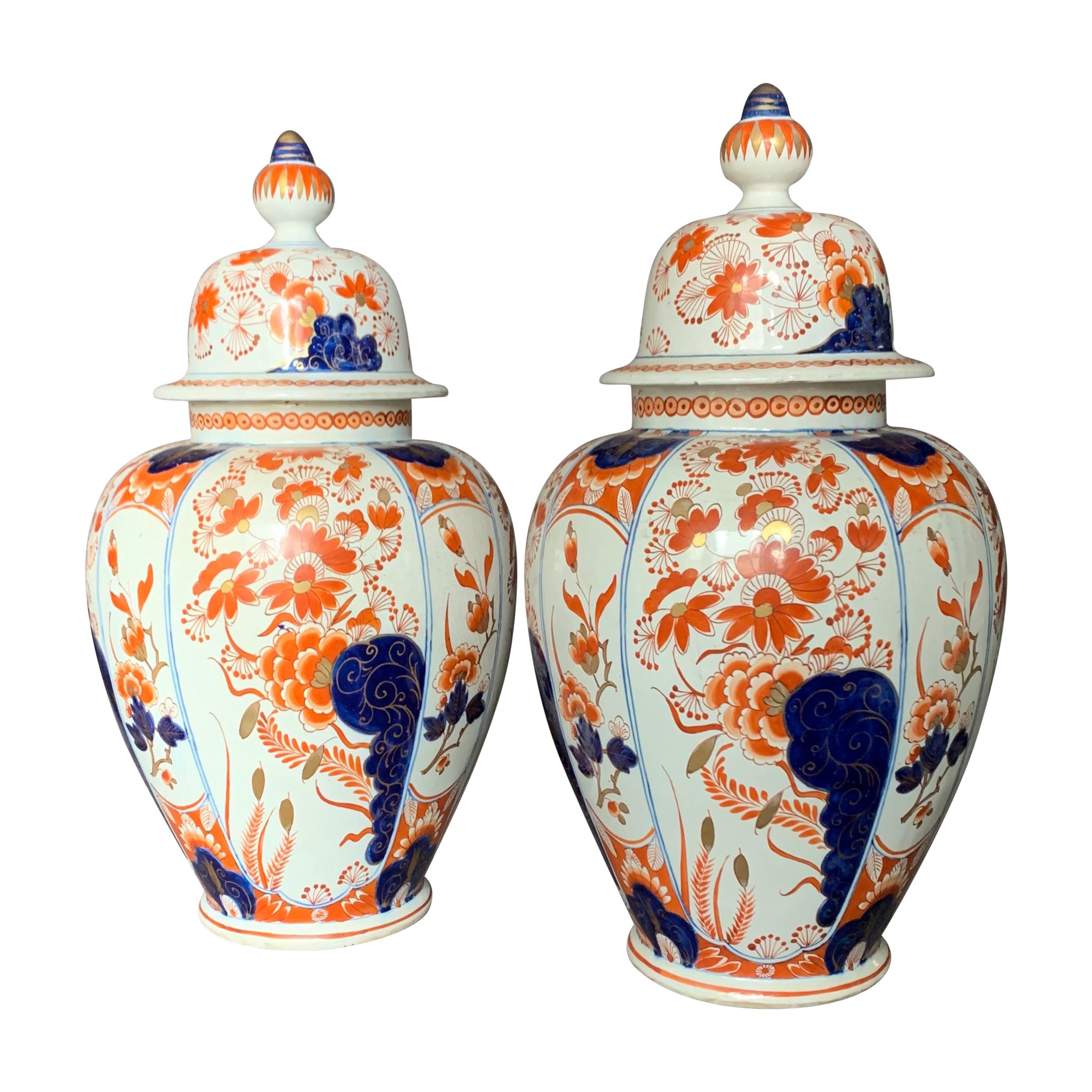 Pair Delft Style Imari Ginger Jars