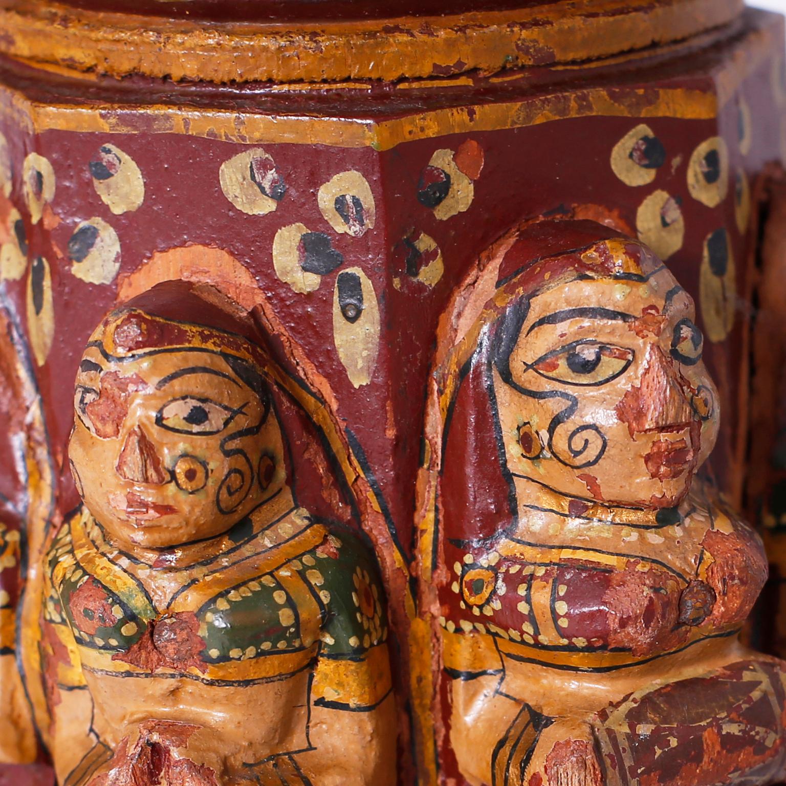 British Colonial Pair of Antique Indian Carved and Painted Table Lamps from Antique Bed Posts