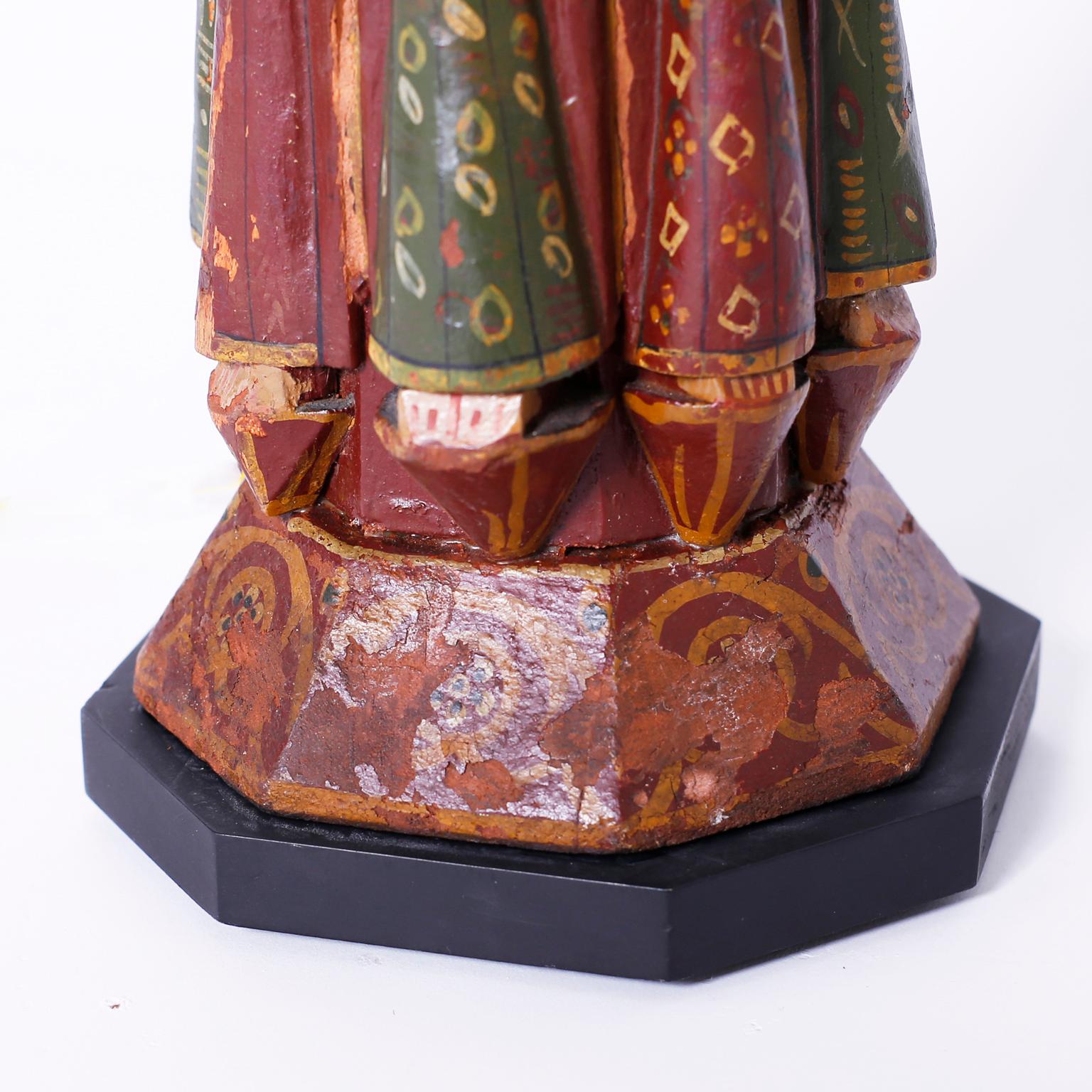 Pair of Antique Indian Carved and Painted Table Lamps from Antique Bed Posts In Good Condition In Palm Beach, FL