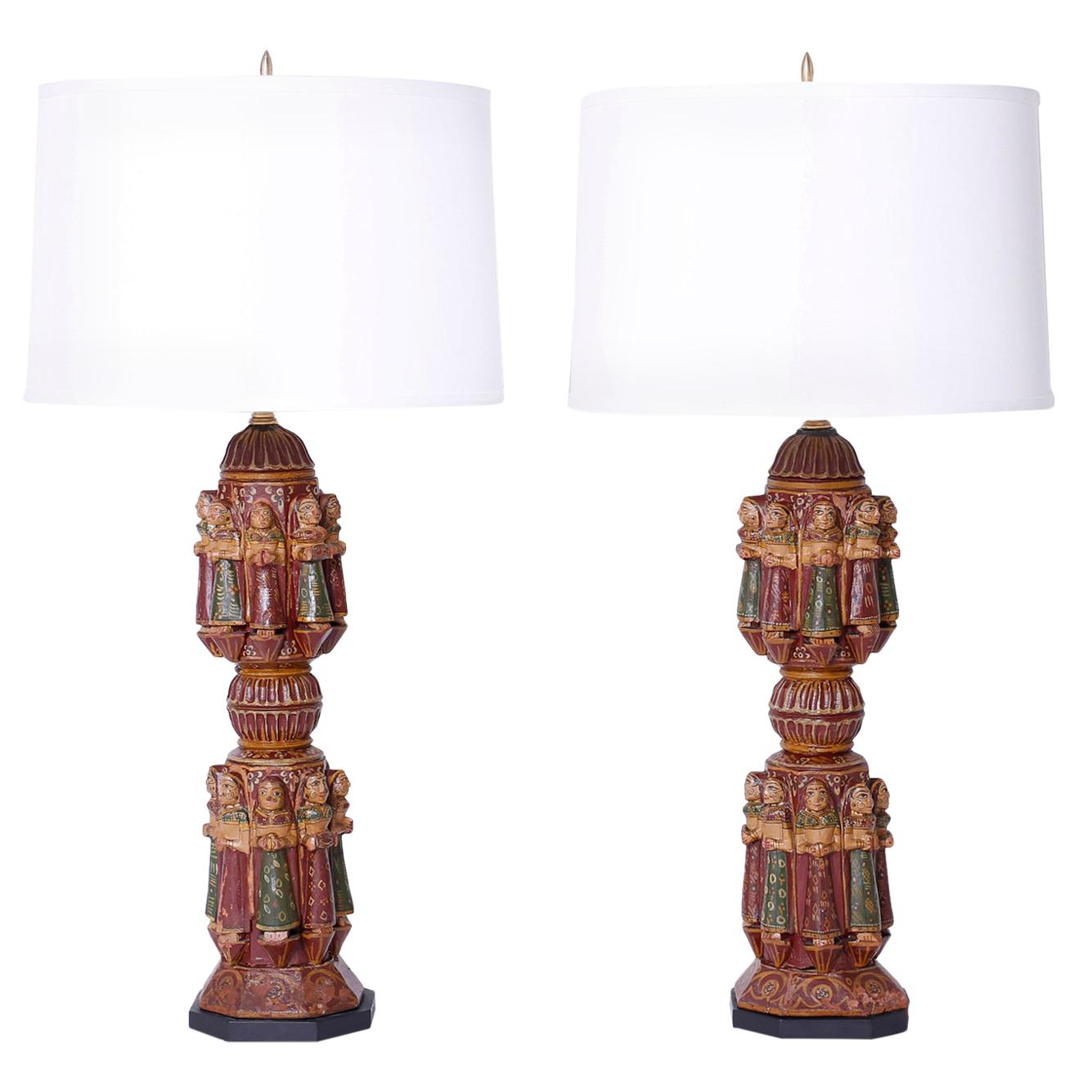Pair Of Antique Indian Carved And, Vintage Wooden Carved Table Lamp Shade