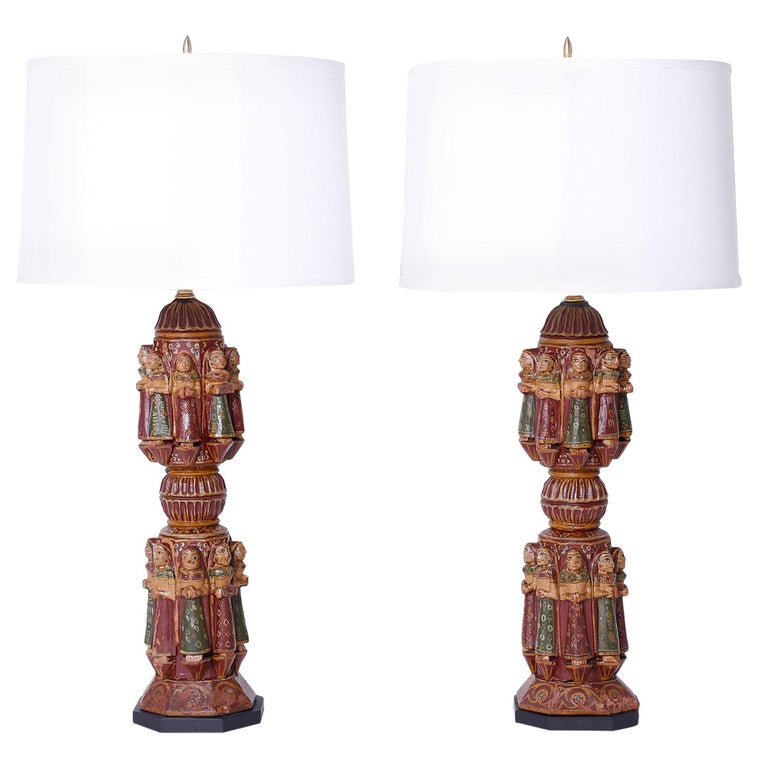 Pair of Antique Indian Carved and Painted Table Lamps from Antique Bed