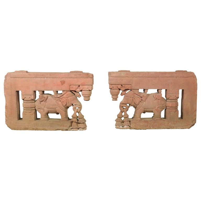 Pair of Antique Indian Carved Stone Bas-Reliefs Depicting Men Riding ...