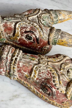 Pair of Antique Indian Nandi Bull, Wall Carved Wood Sculpture