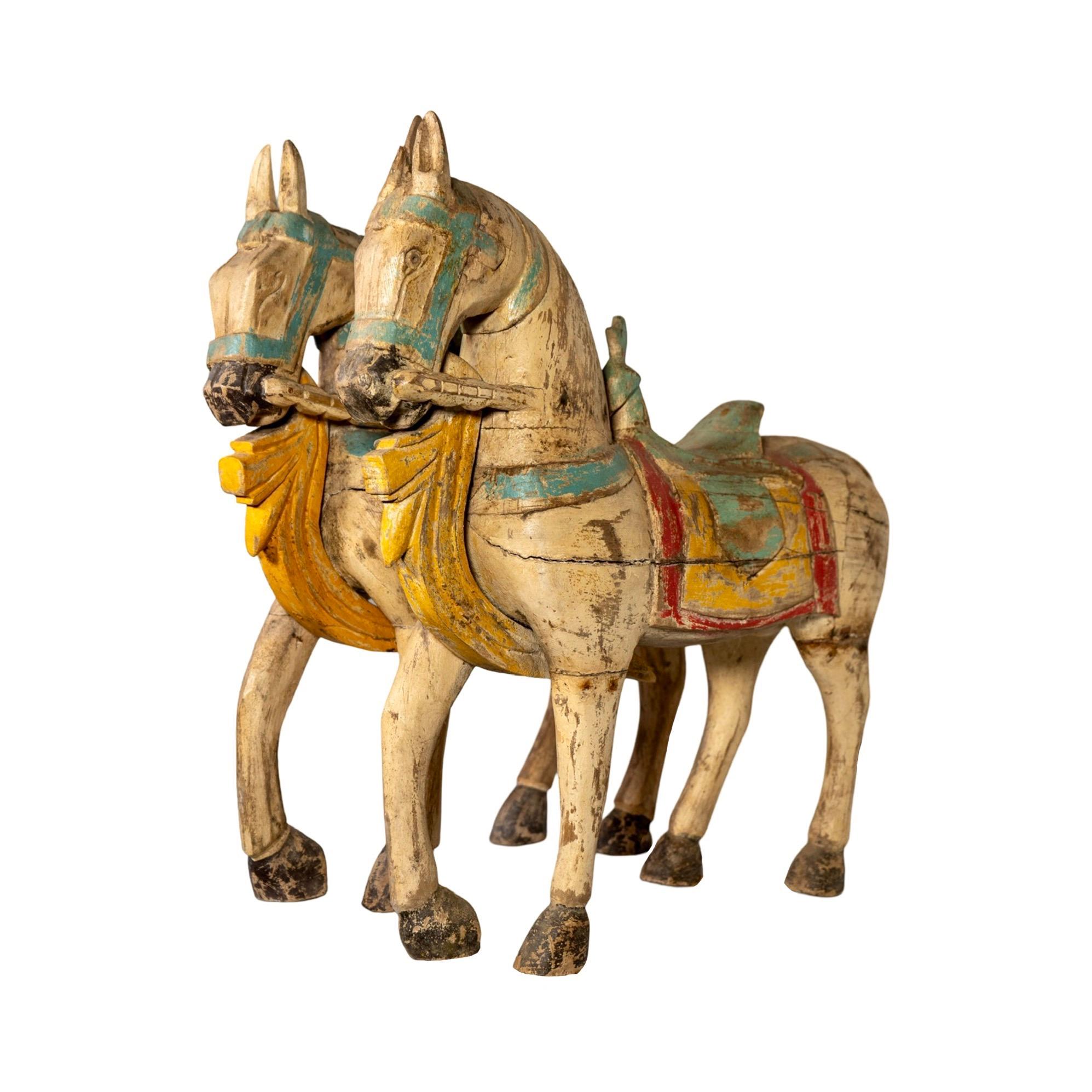 Pair of Antique Indian Wooden Horses In Good Condition For Sale In Dallas, TX