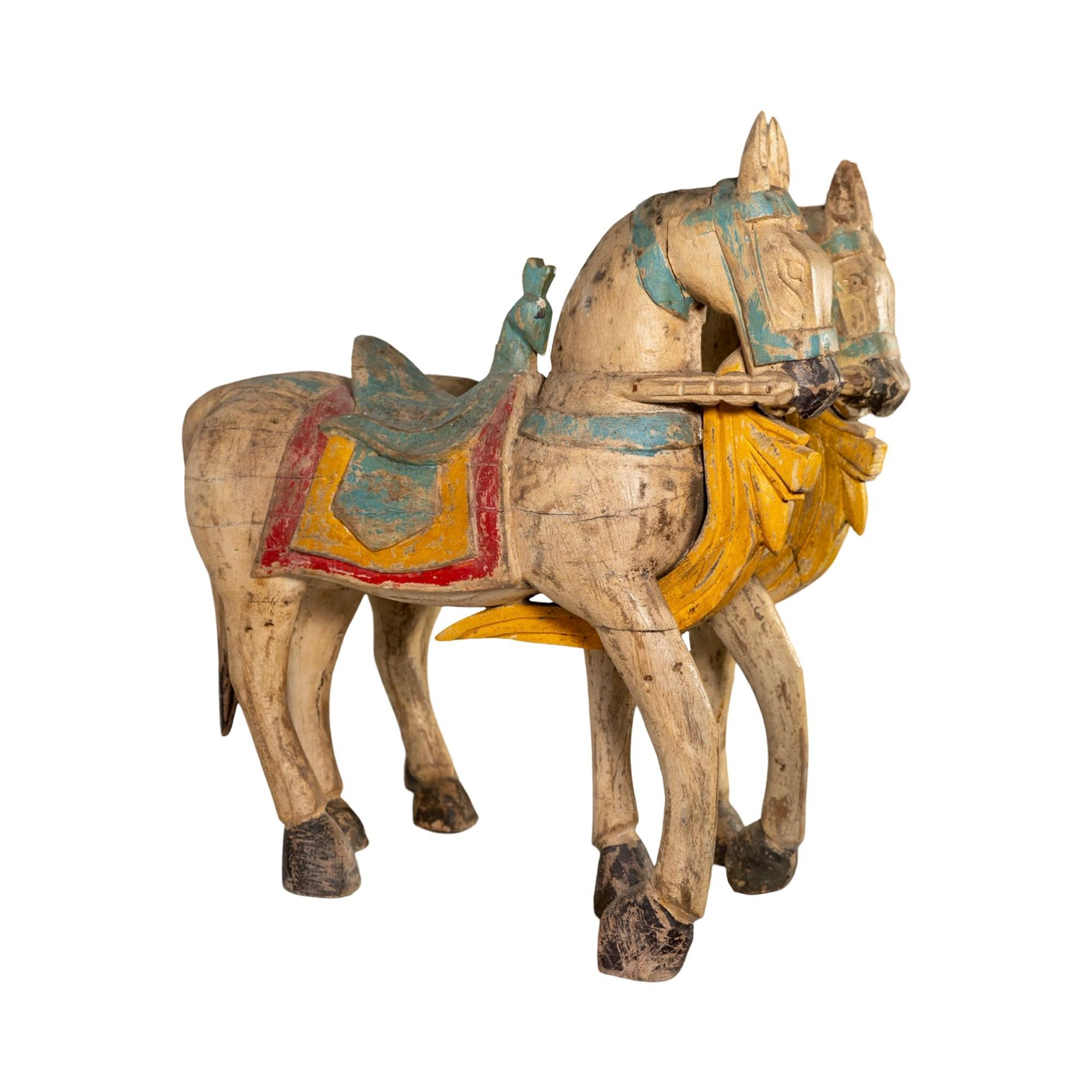 Early 20th Century Pair of Antique Indian Wooden Horses For Sale