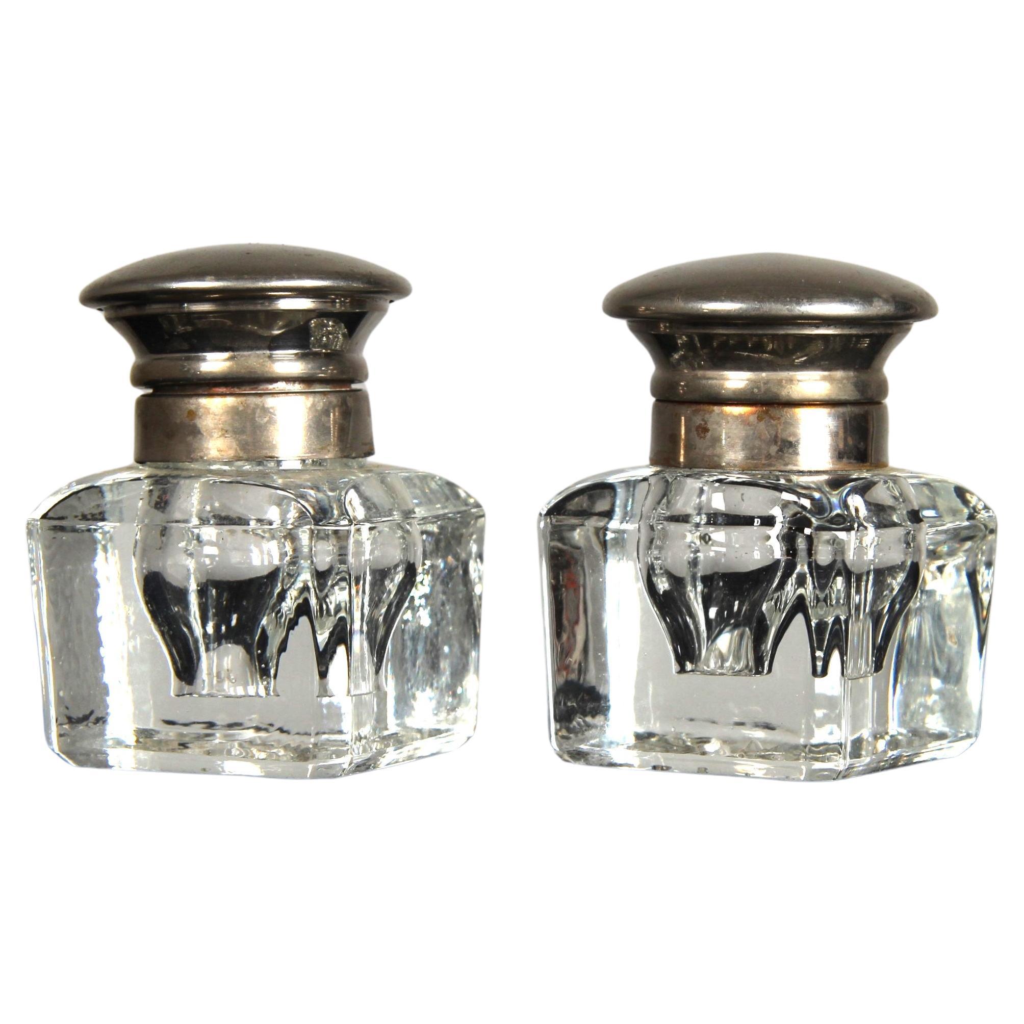Pair Of Antique Inkwells, Glass and Silvered, Circa 1880s