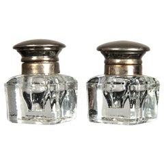 Pair Of Antique Inkwells, Glass and Silvered, Circa 1880s