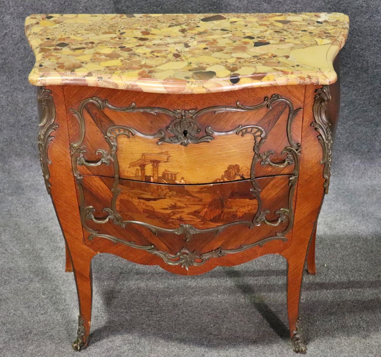 Pair of Antique Inlaid Breche D' Alep Marble Top French Nightstands Commodes  In Good Condition For Sale In Swedesboro, NJ