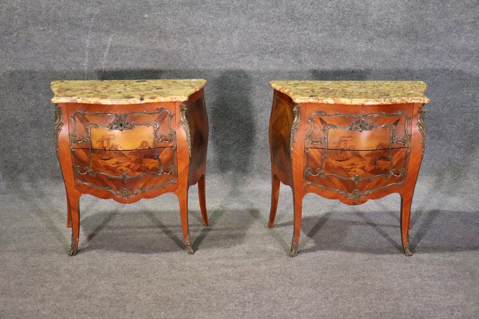 Early 20th Century Pair of Antique Inlaid Breche D' Alep Marble Top French Nightstands Commodes  For Sale