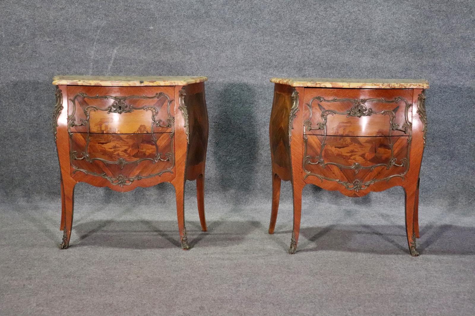 Bronze Pair of Antique Inlaid Breche D' Alep Marble Top French Nightstands Commodes  For Sale
