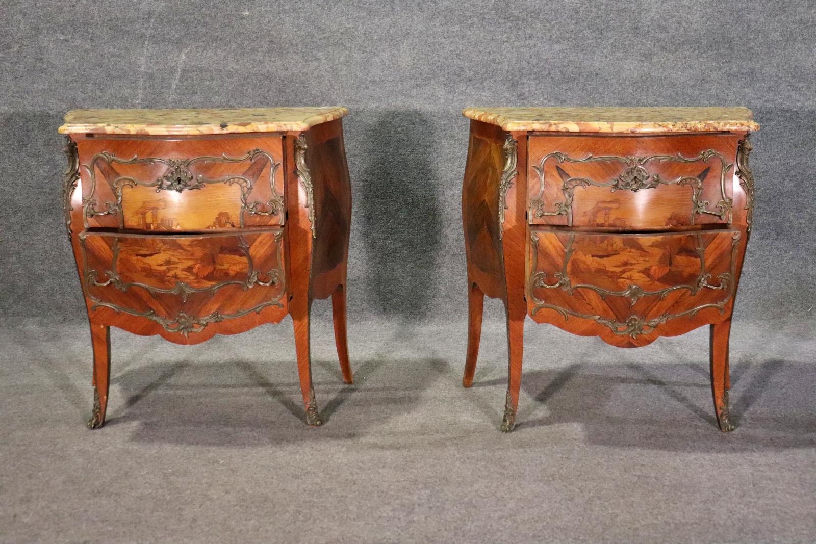 Pair of Antique Inlaid Breche D' Alep Marble Top French Nightstands Commodes  For Sale 1