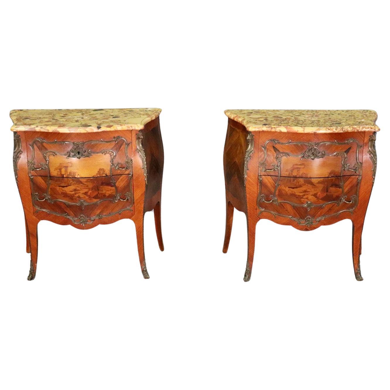 Pair of Antique Inlaid Breche D' Alep Marble Top French Nightstands Commodes 