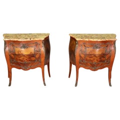 Pair of Antique Inlaid Breche D' Alep Marble Top French Nightstands Commodes