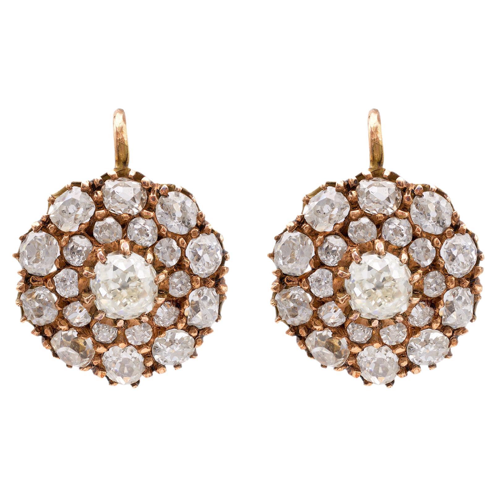Pair of Antique Inspired 4.47 Carat Total Weight Diamond 18k Yellow Gold Cluster For Sale