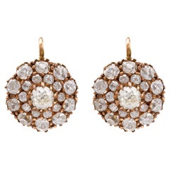 Pair of Antique Inspired 4.47 Carat Total Weight Diamond 18k Yellow Gold Cluster