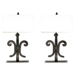 Pair of Antique Iron Fleur-de-lis Table Lamps 