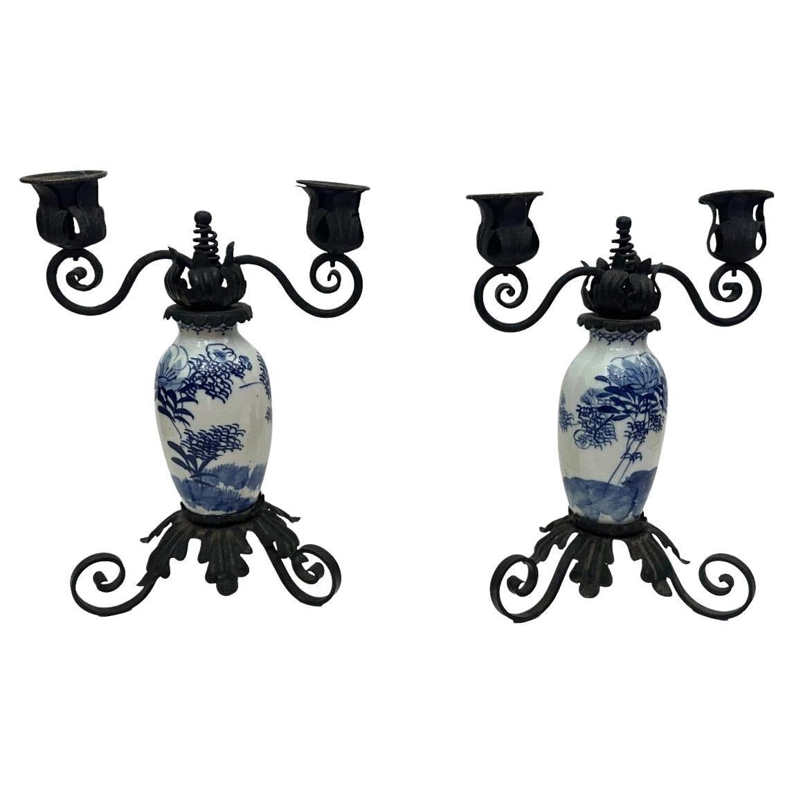 Pair of Antique Iron & Porcelain Candlesticks