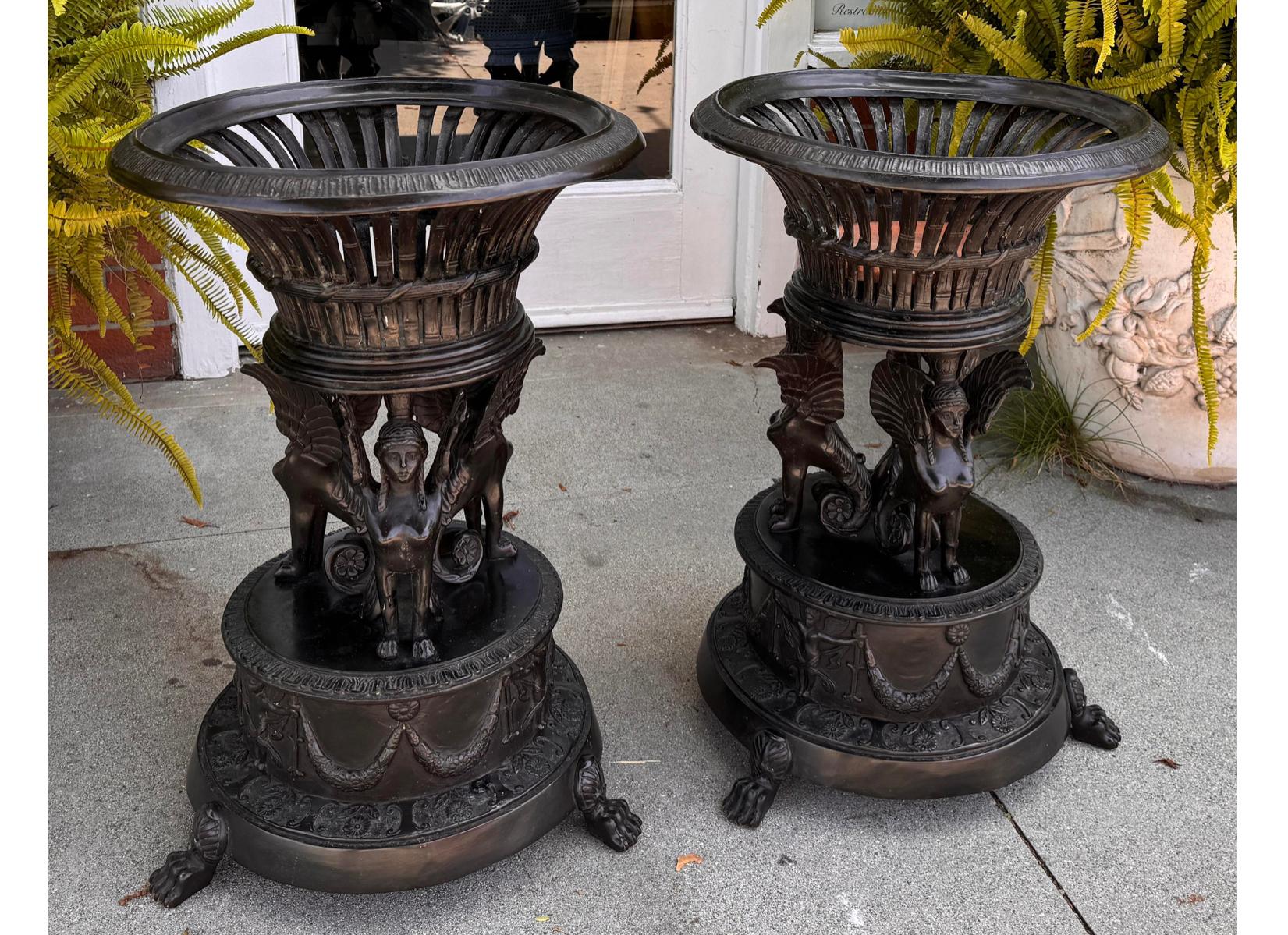 Baroque Pair of Antique Iron Winged Griffin Brazier Plant Stand Urns