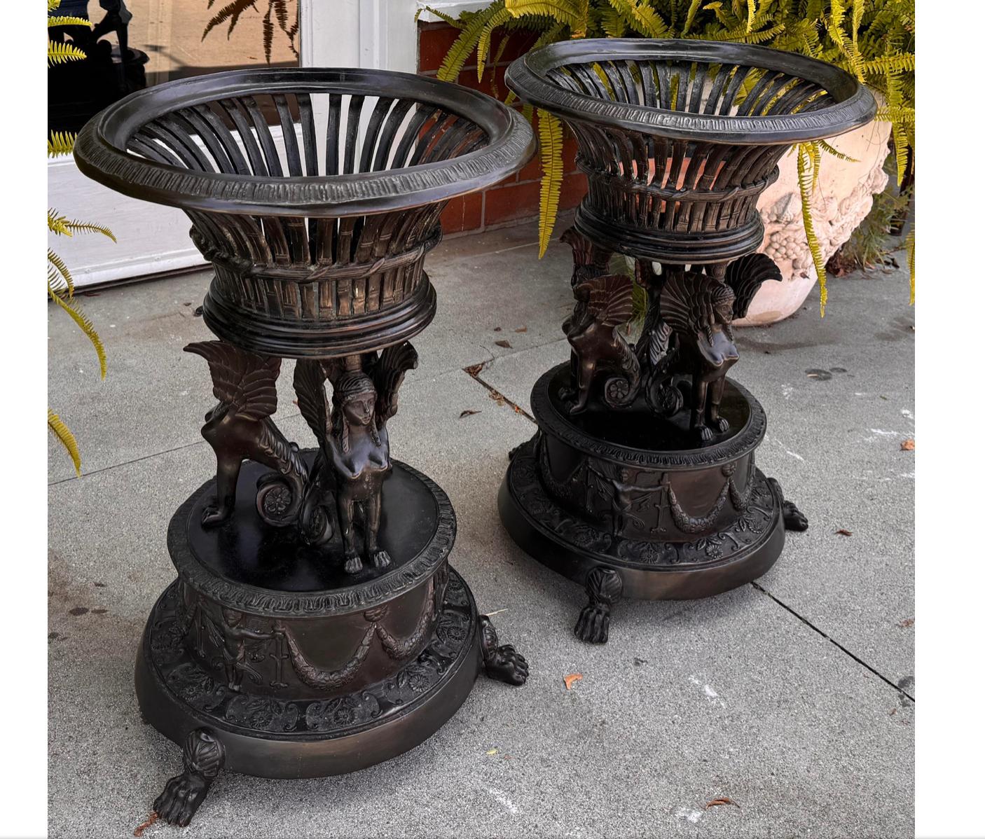 French Pair of Antique Iron Winged Griffin Brazier Plant Stand Urns