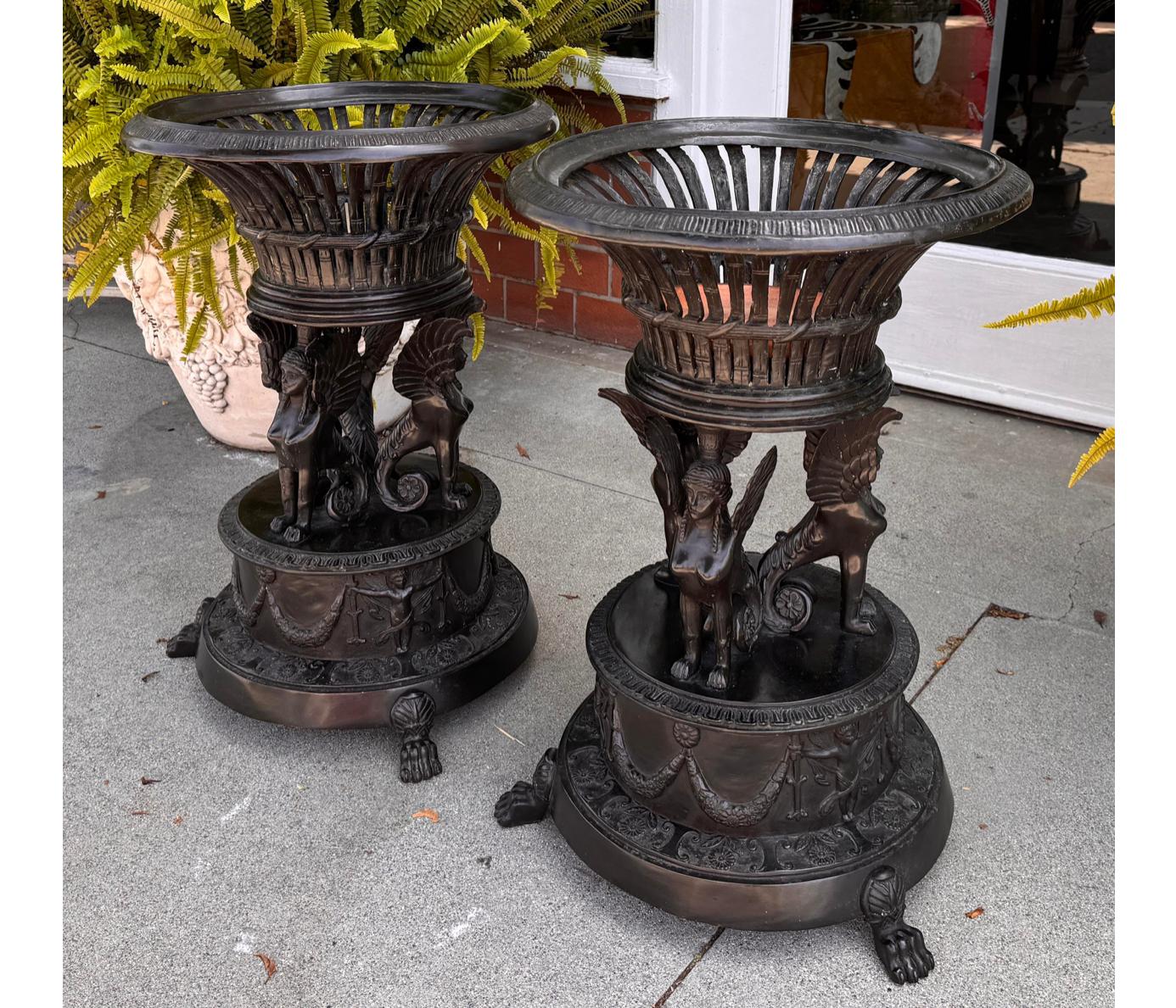 19th Century Pair of Antique Iron Winged Griffin Brazier Plant Stand Urns