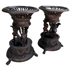 Pair of Antique Iron Winged Griffin Brazier Plant Stand Urns