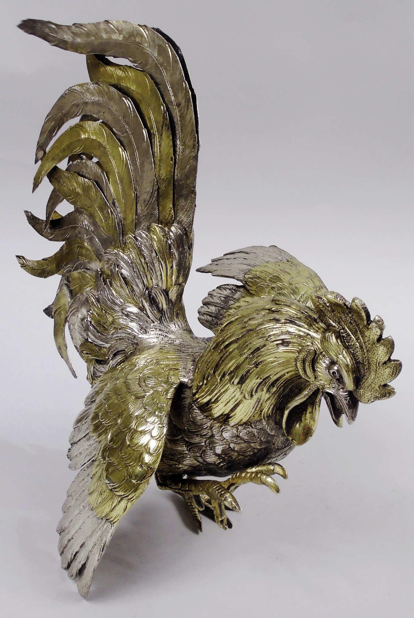 Doré Paire d'anciens coqs en argent doré d'Israel Freeman German Parcel Silver en vente
