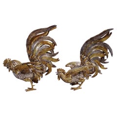 Pair of Antique Israel Freeman German Parcel Gilt Silver Roosters