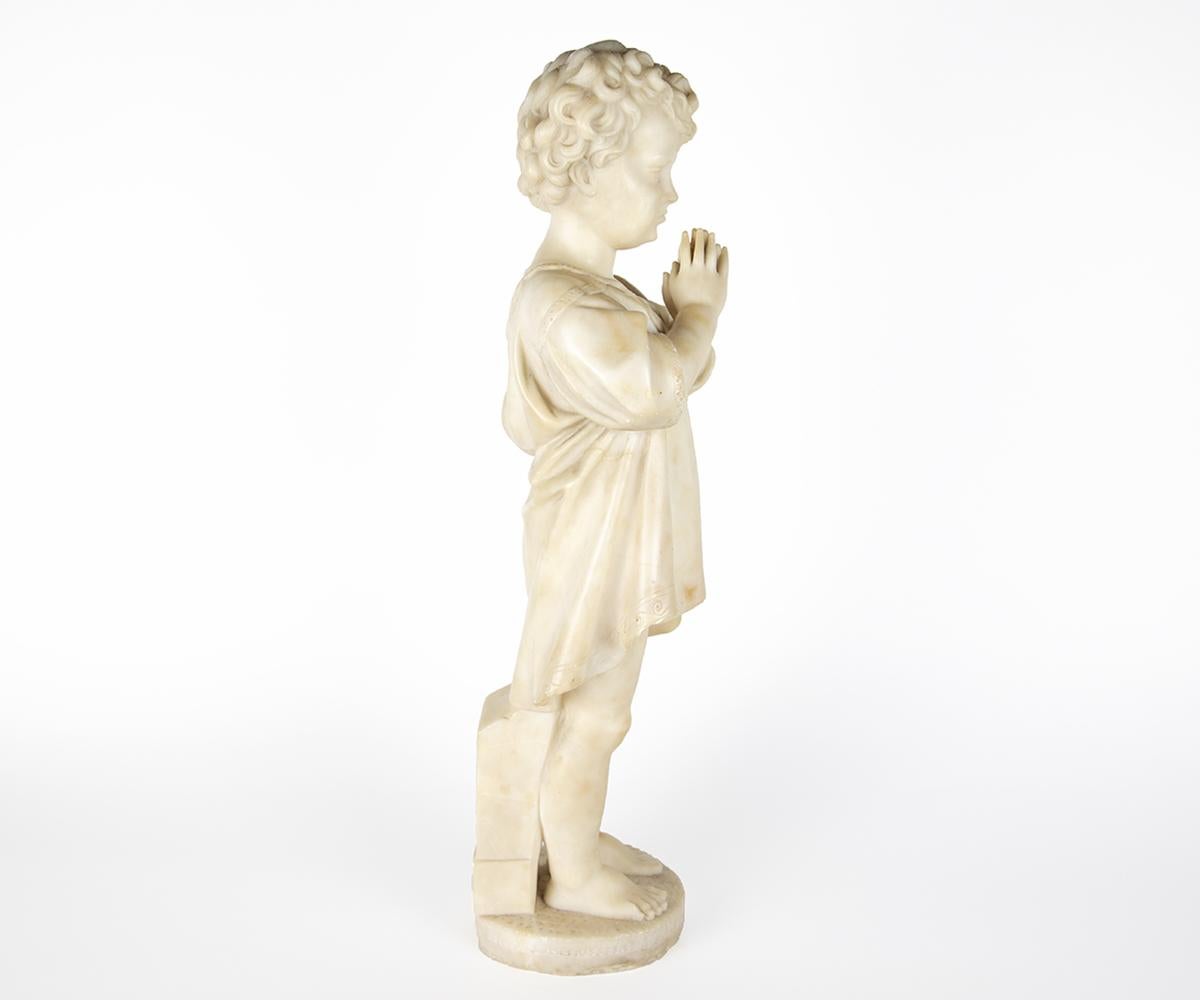 Hand-Carved Pair of Antique Italian Alabaster Figurine of Boy and Girl
