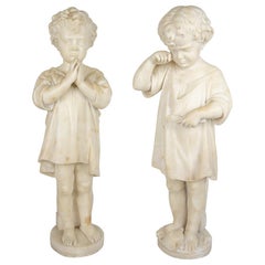 Pair of Antique Italian Alabaster Figurine of Boy and Girl