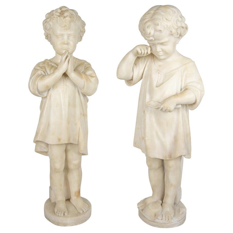 Pair of Antique Italian Alabaster Figurine of Boy and Girl at 1stDibs