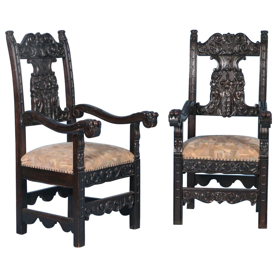 Pair of Antique Italian Armchairs with High Relief Carving, circa 1860-1880 For Sale