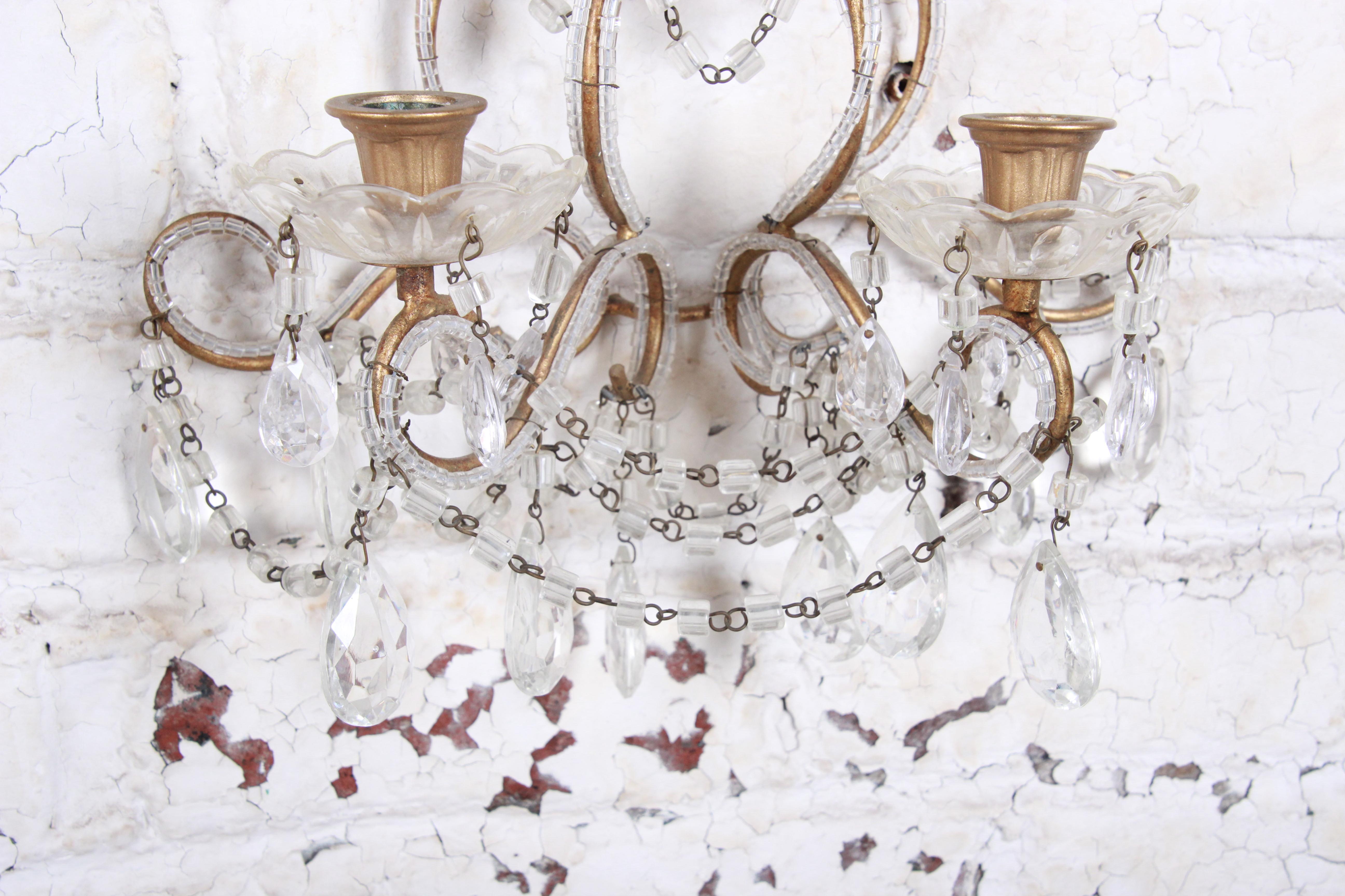 Pair of Antique Italian Baroque Wall Sconces in Crystal, Brass, and Gilt Metal 5