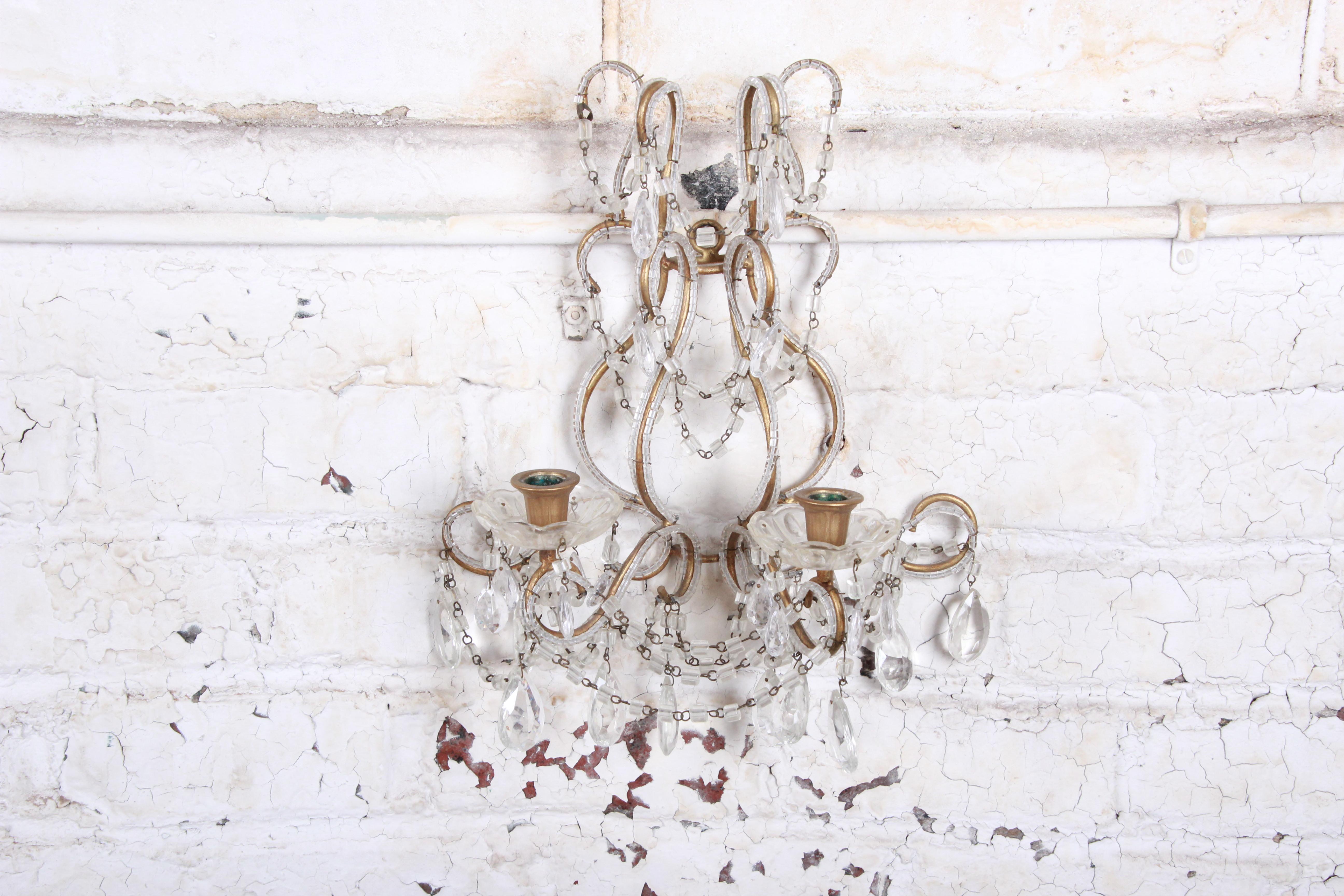 Pair of Antique Italian Baroque Wall Sconces in Crystal, Brass, and Gilt Metal 3