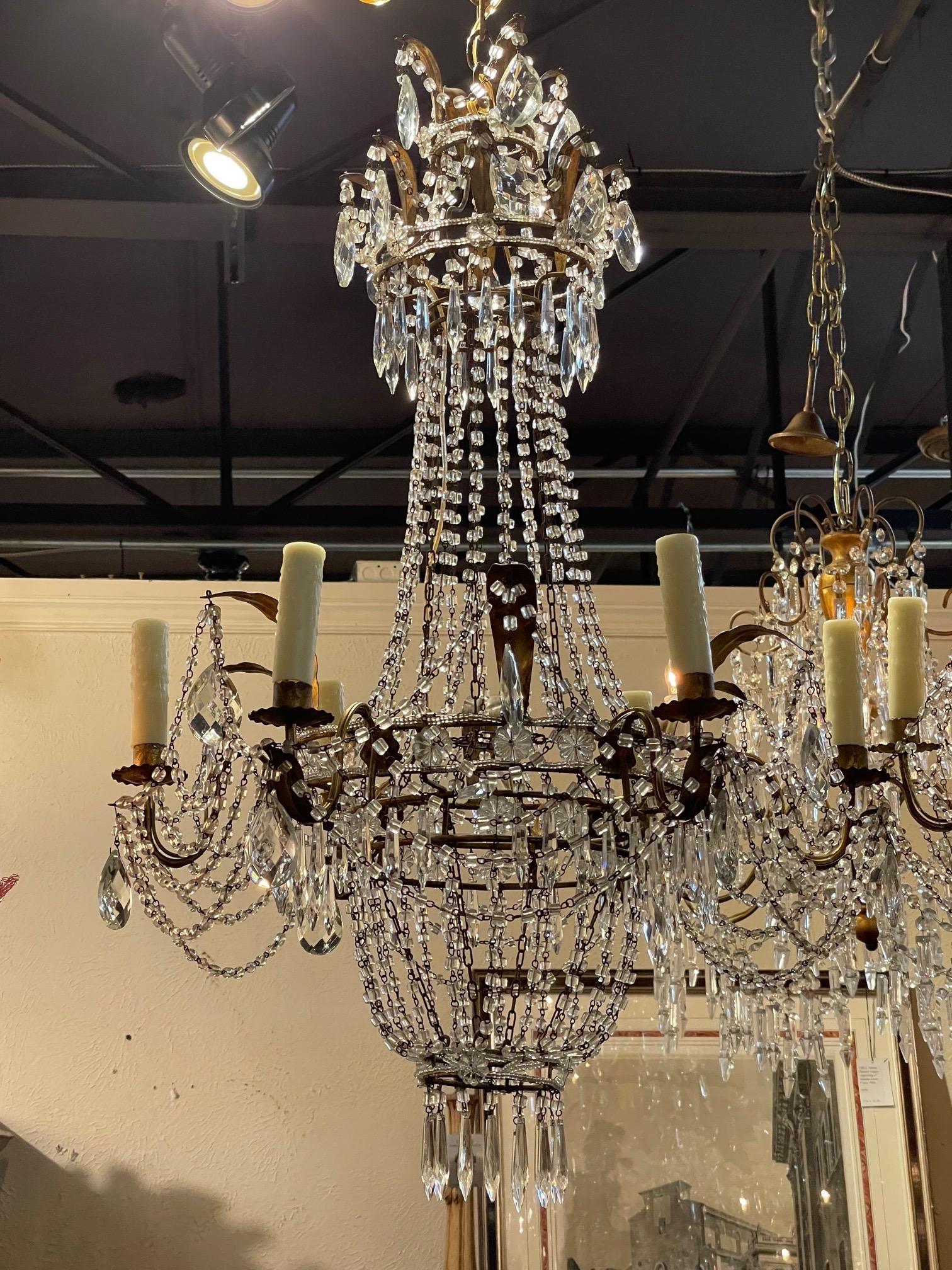 Very fine pair of antique Italian beaded crystal basket style chandeliers. Covered in gorgeous crystals and prisms. Fabulous!!
