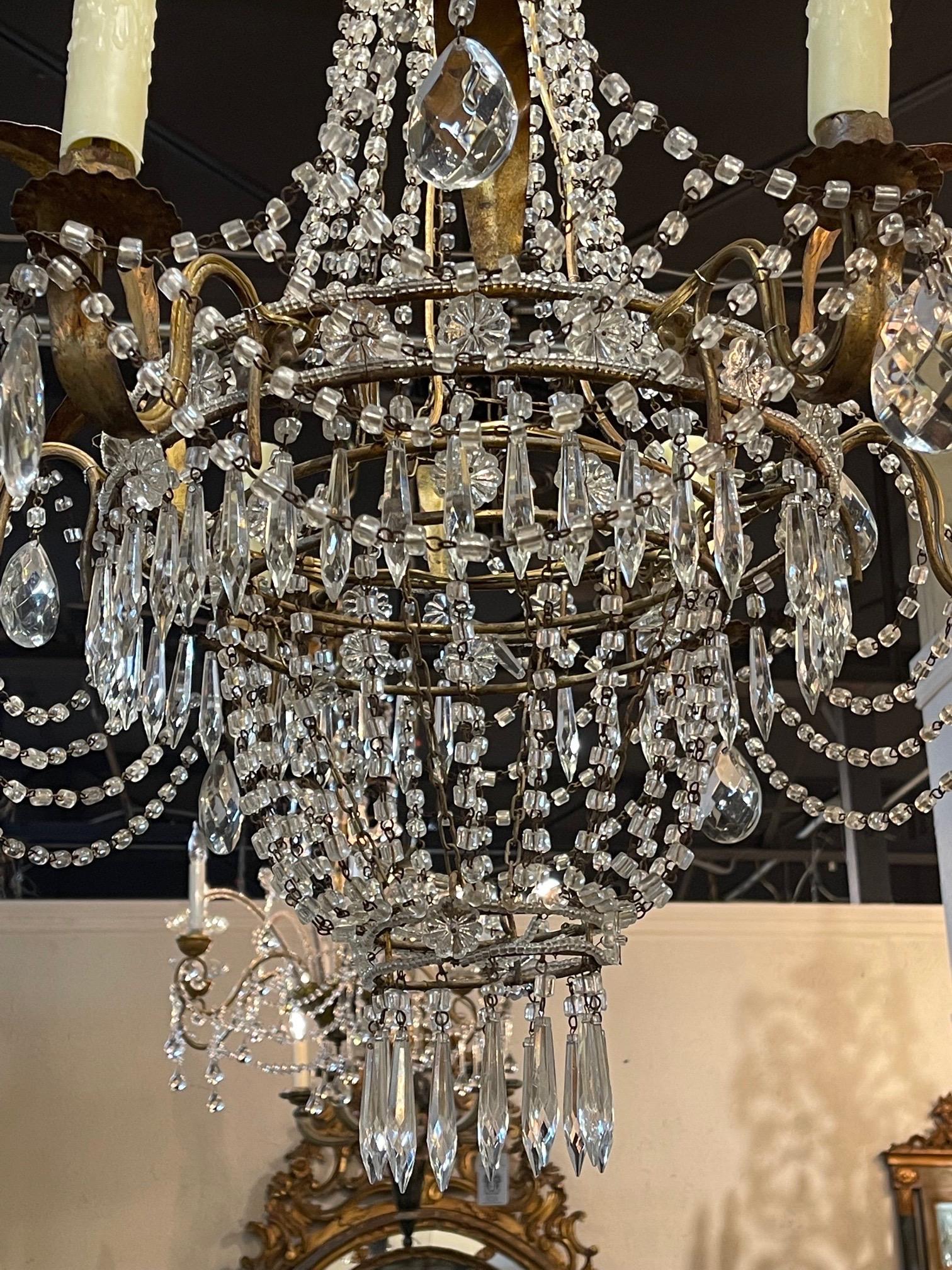 Pair of Antique Italian Beaded Crystal Basket Style Chandeliers In Good Condition In Dallas, TX