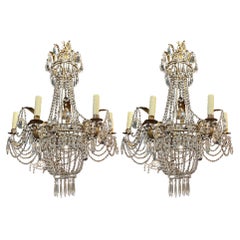 Pair of Antique Italian Beaded Crystal Basket Style Chandeliers