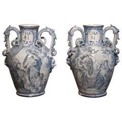 Pair of Antique Italian Blue and White Vases, Naples, circa 1890