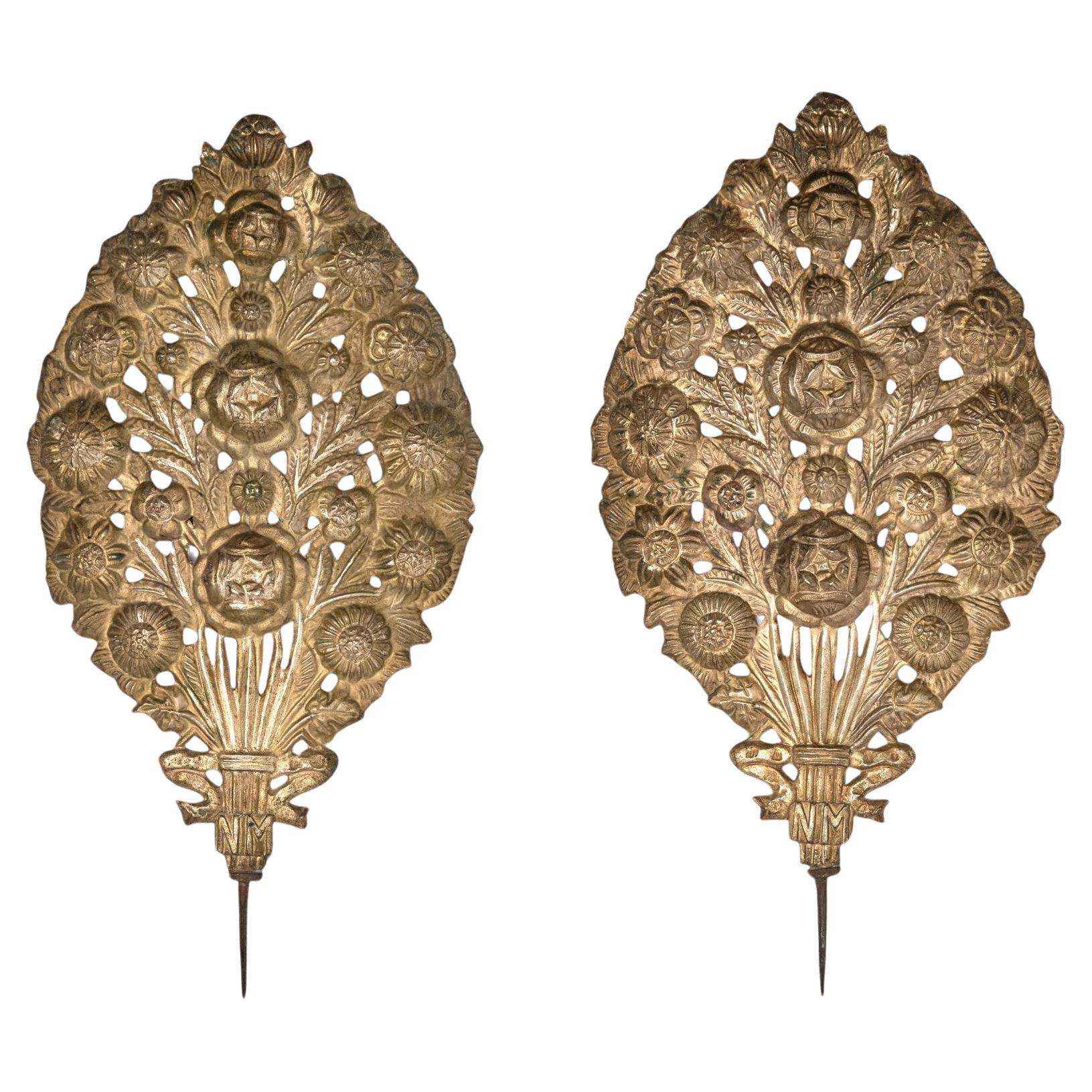 Pair of Antique Italian Brass Baroque Style Candle Reflectors For Sale