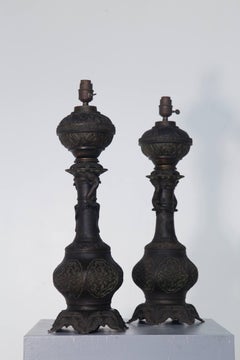 Pair of Antique Italian Bronze Table Lamps in Japanese Style, Art Nouveau Period