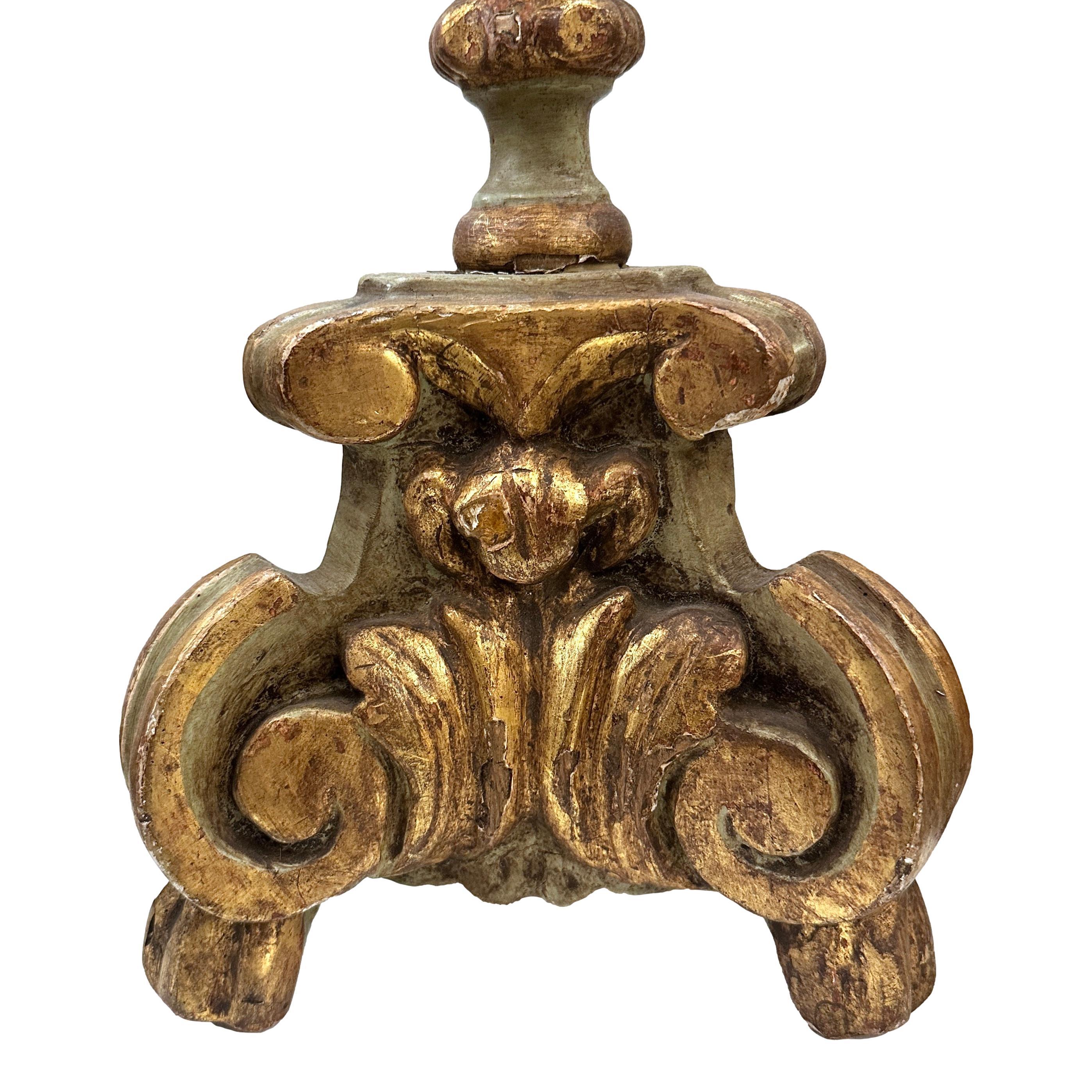 Gilt Pair of Antique Italian Candlestick Lamps For Sale