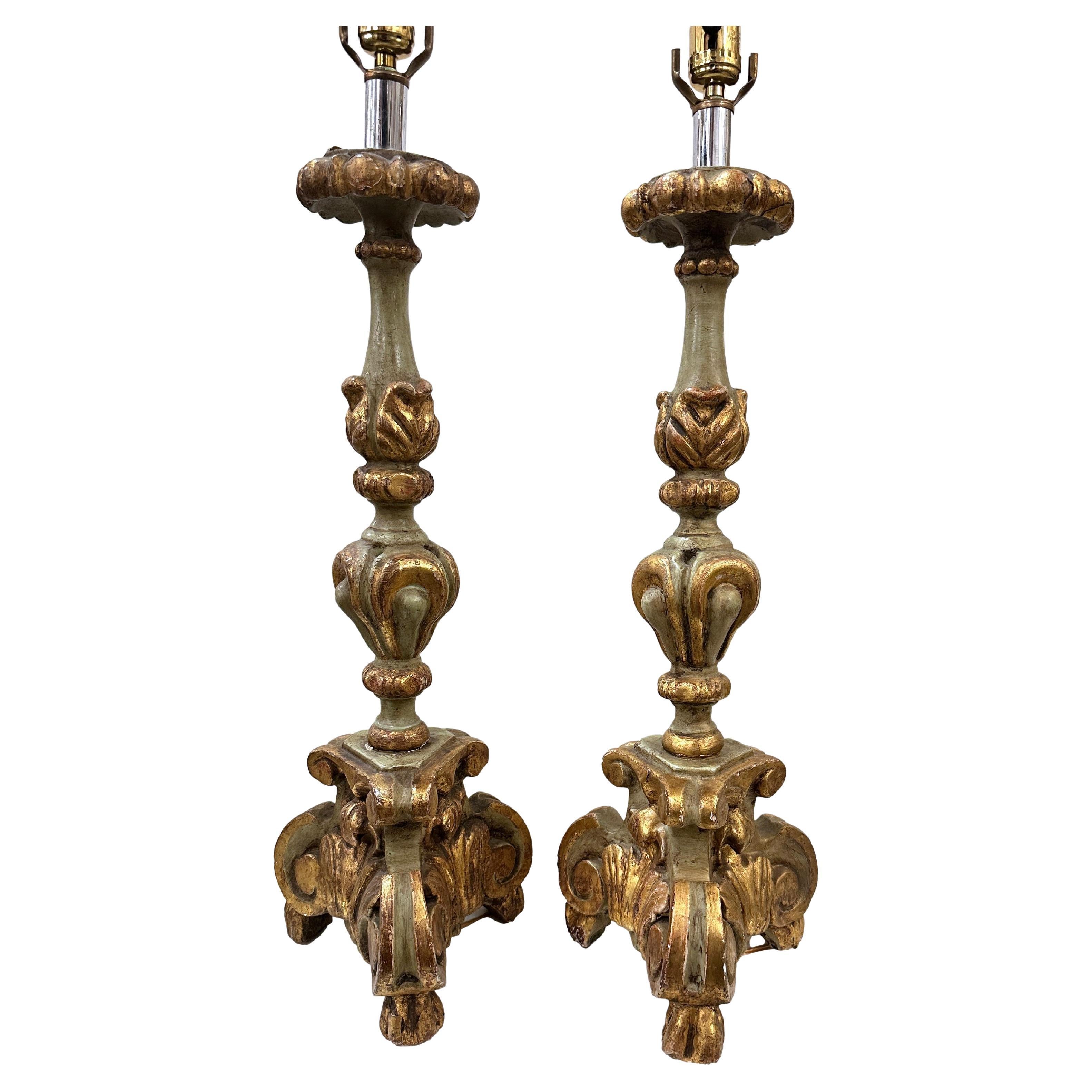 Pair of Antique Italian Candlestick Lamps For Sale