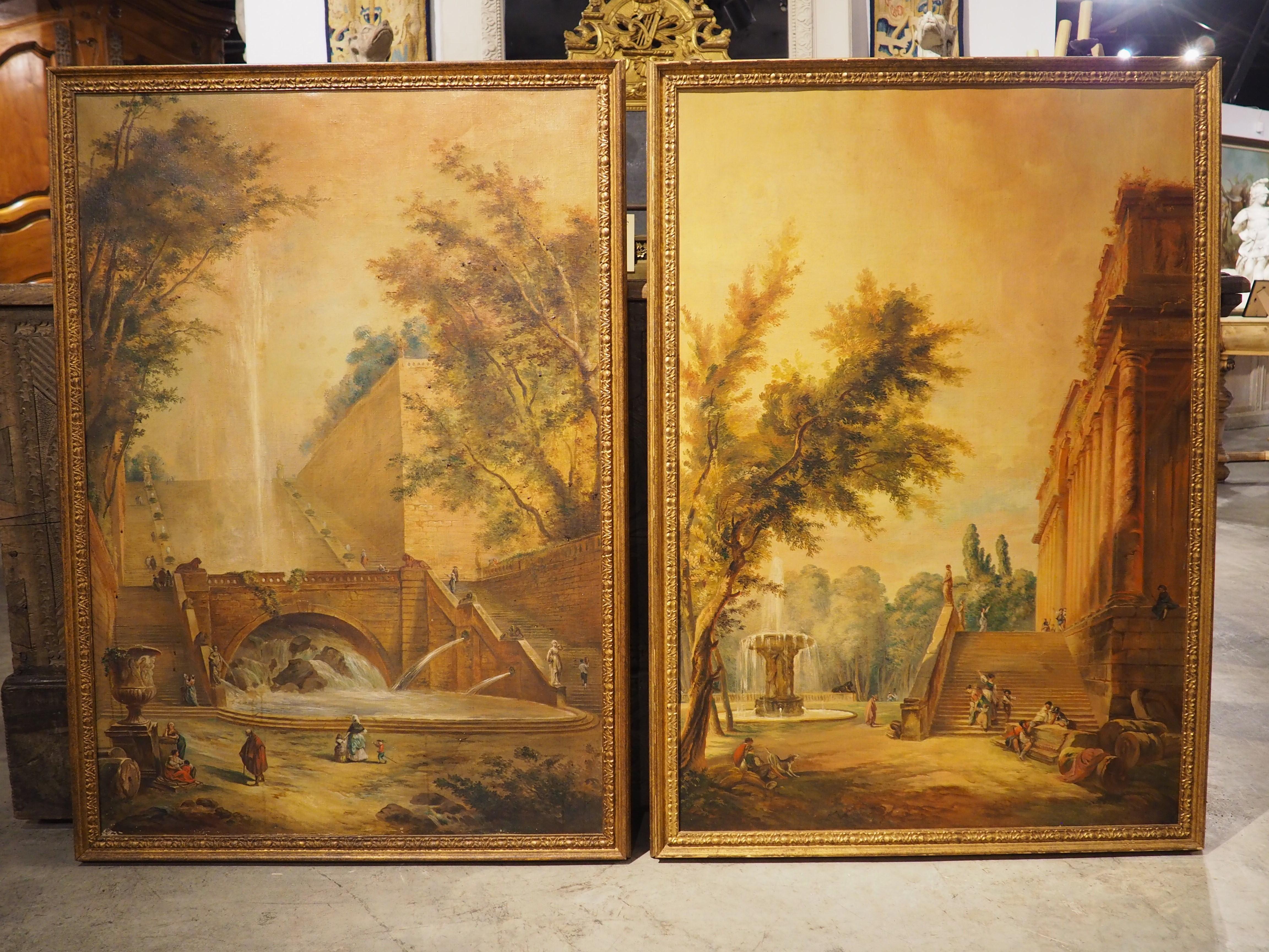 Paire de peintures italiennes anciennes de paysages de Capriccio, vers 1850 en vente 13