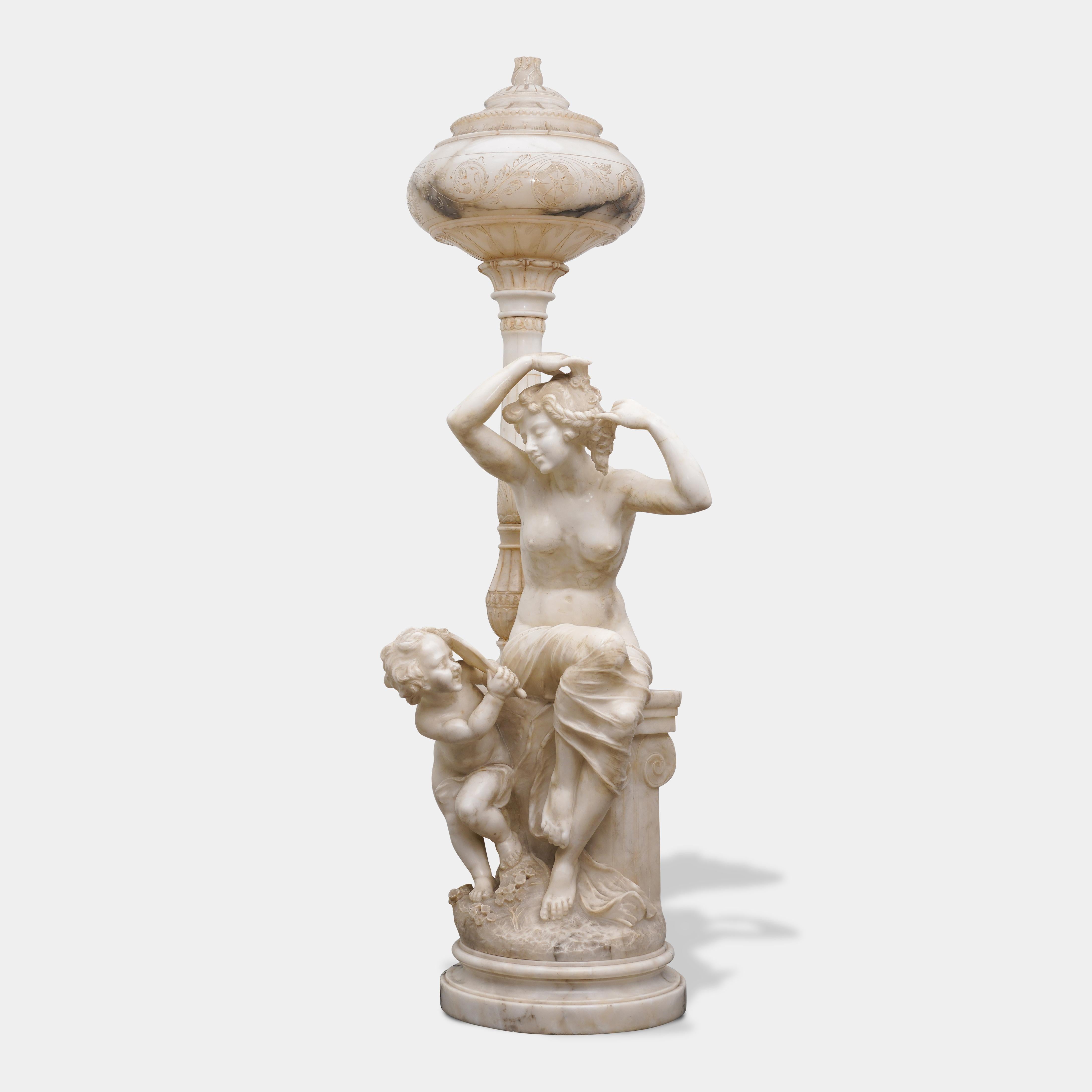 Pair of Antique Italian Carved Alabaster Figural Lamps Venus & Cupid For Sale 7