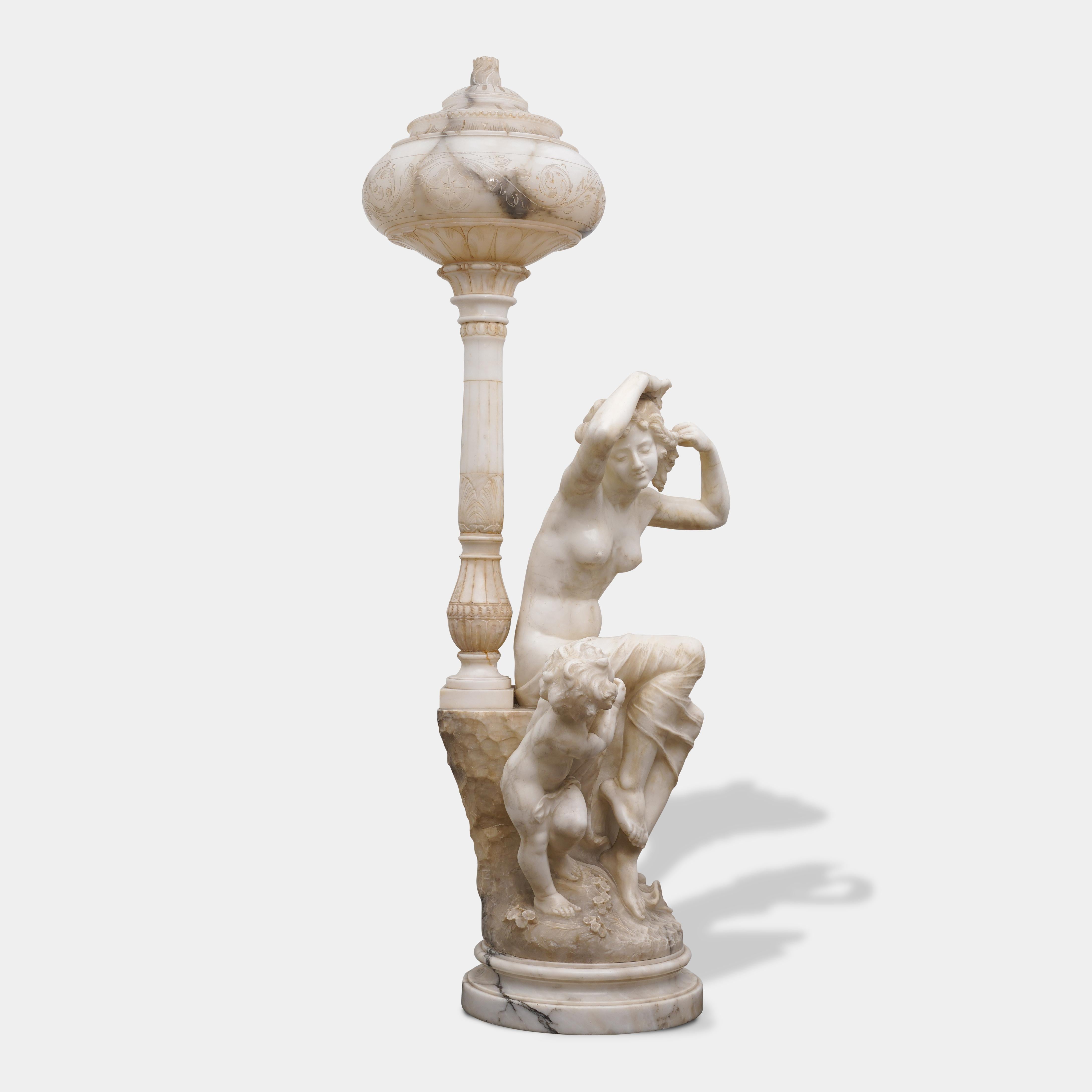Paar antike italienische geschnitzte Alabaster Figurallampen Venus & Amor im Angebot 8