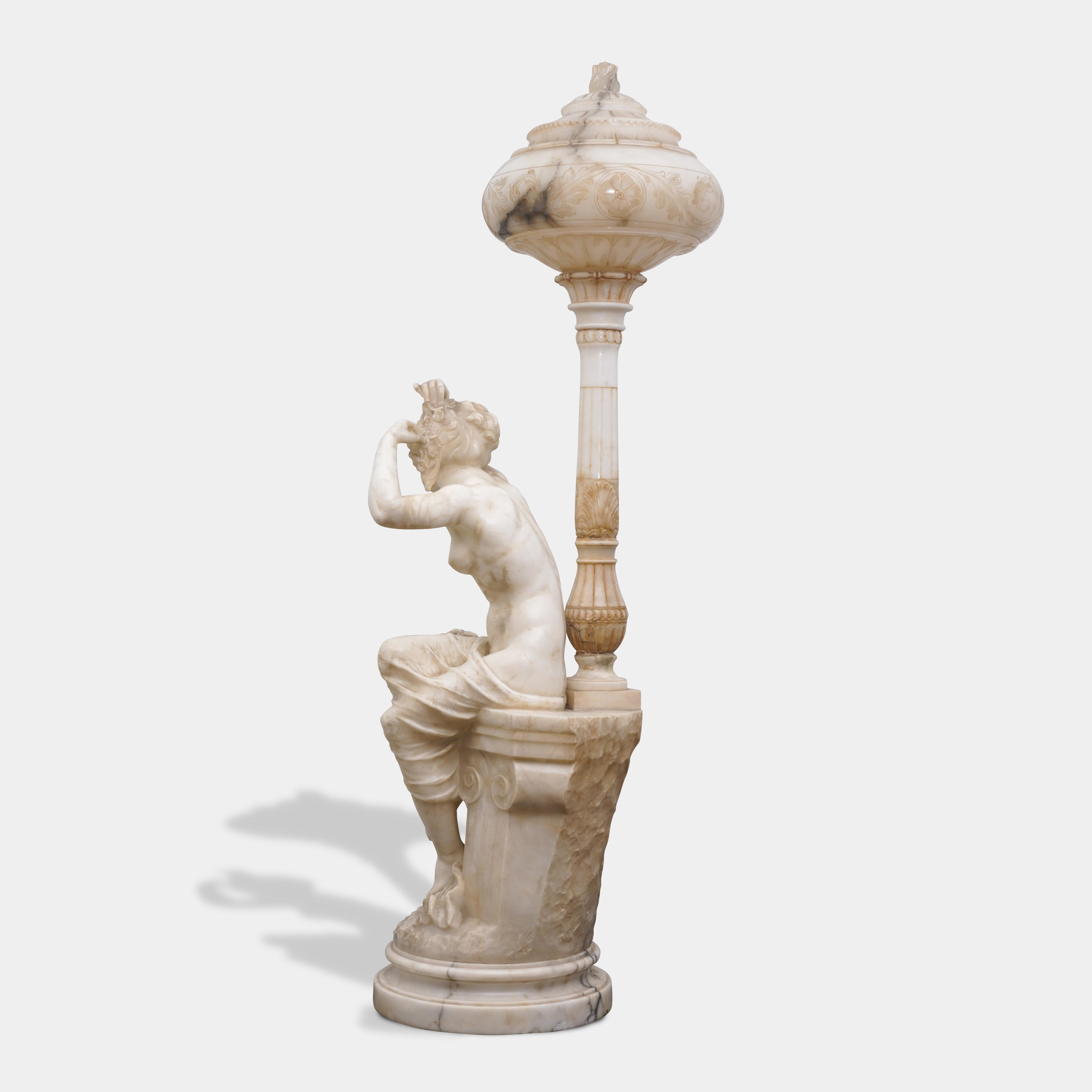 Pair of Antique Italian Carved Alabaster Figural Lamps Venus & Cupid For Sale 12