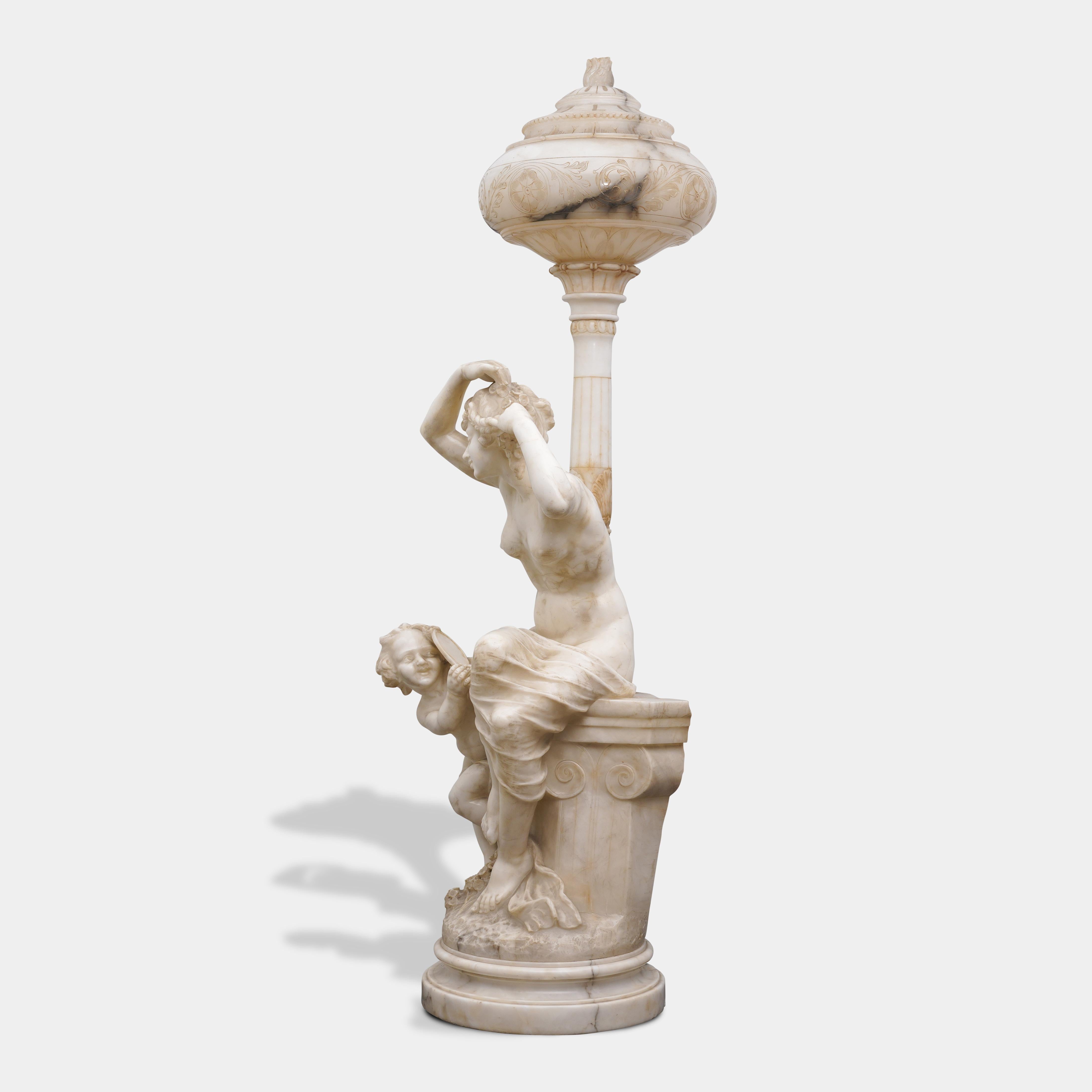 Pair of Antique Italian Carved Alabaster Figural Lamps Venus & Cupid For Sale 13