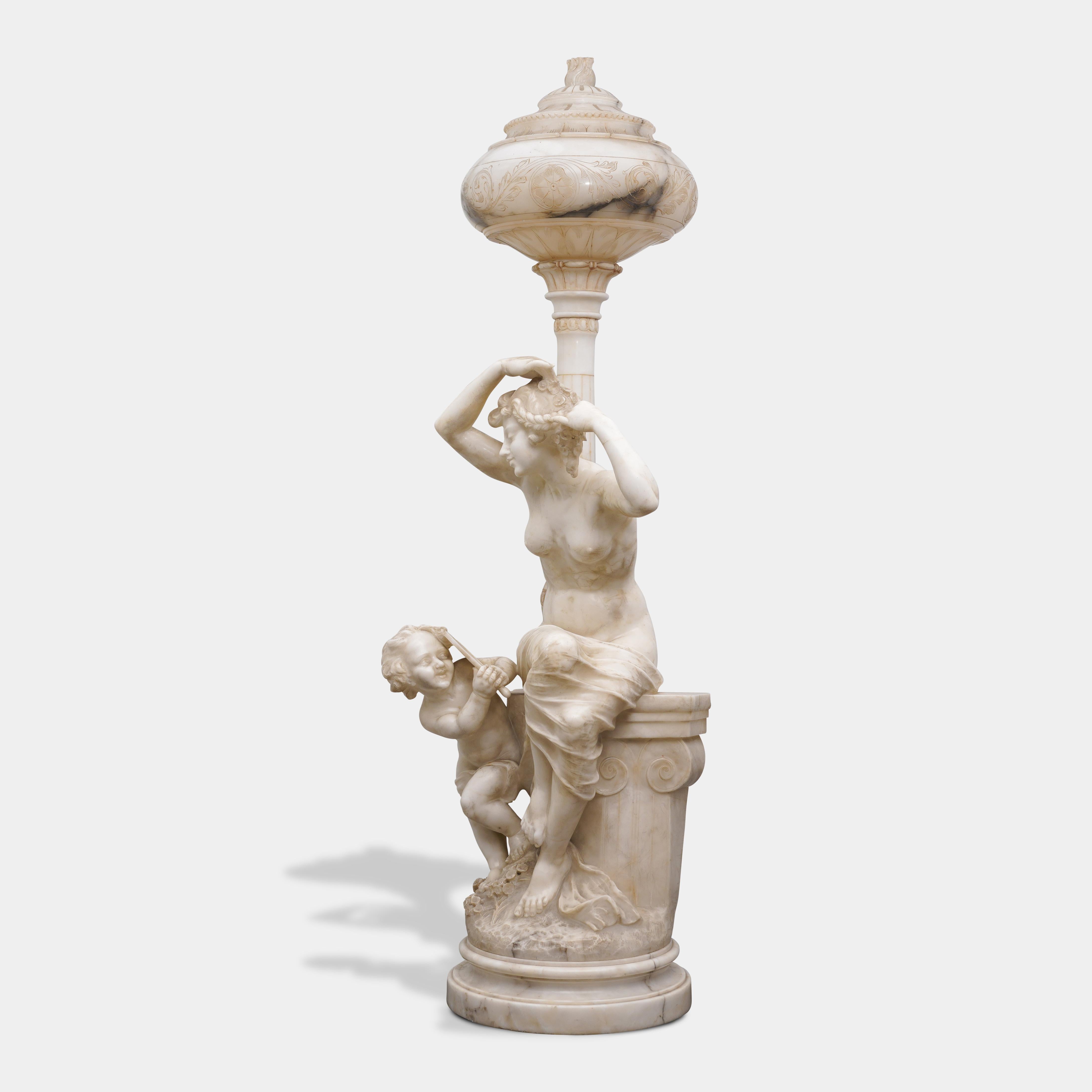 Pair of Antique Italian Carved Alabaster Figural Lamps Venus & Cupid For Sale 14