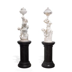 Pair of Antique Italian Carved Alabaster Figural Lamps Venus & Cupid