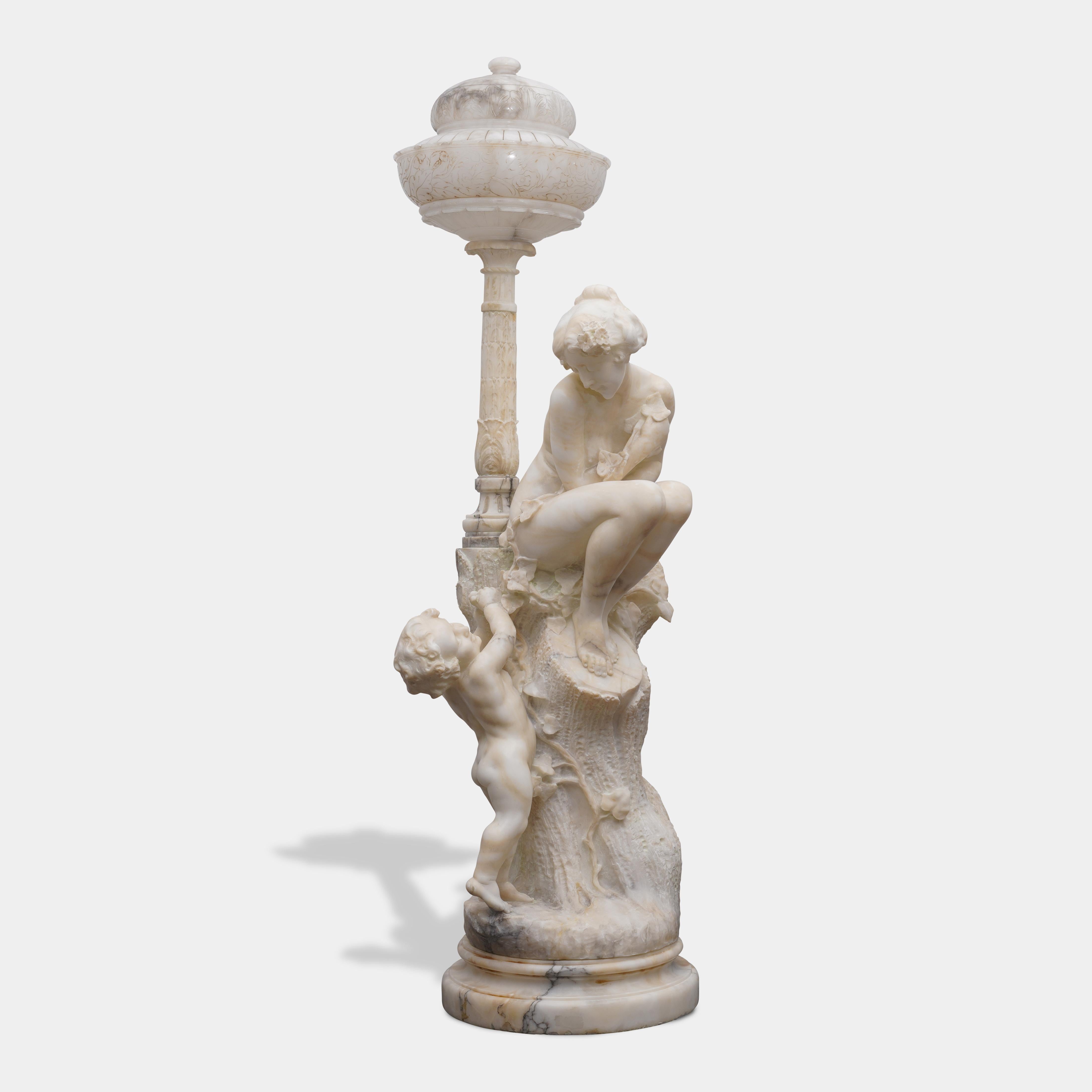 Hand-Carved Pair of Antique Italian Carved Alabaster Figural Lamps Venus & Cupid For Sale